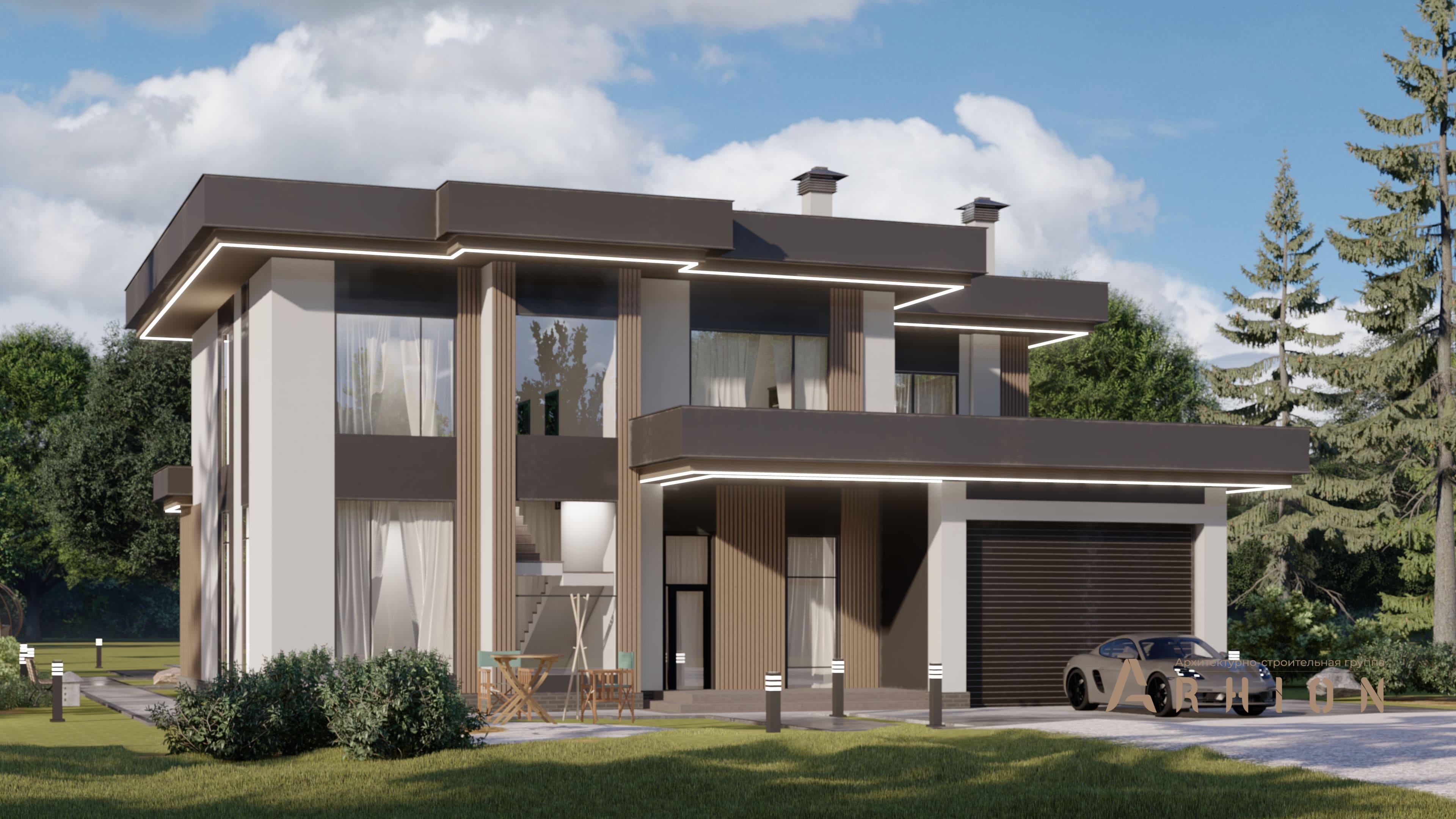 3. Проект двухэтажного дома в стиле хай-тек с плоской кровлей , H-079, площадью - 325 кв c терассой, балконом, гаражом